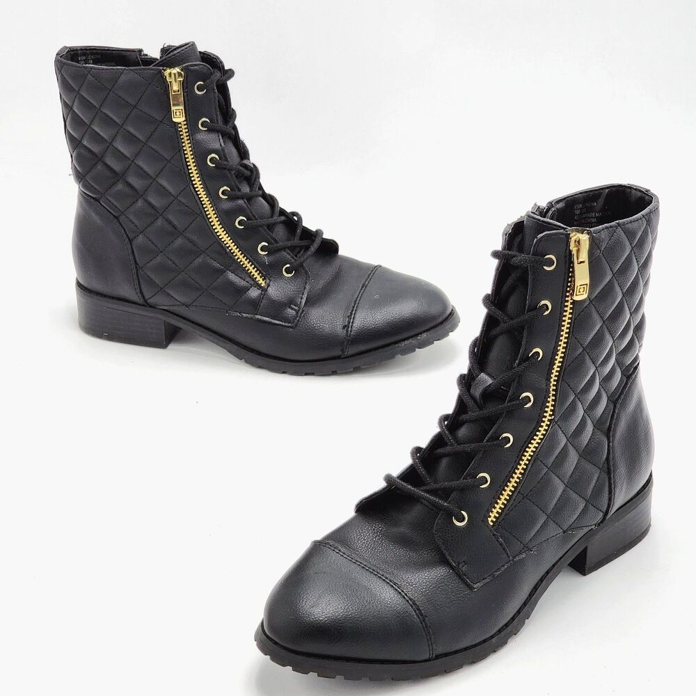 Liz Claiborne Reina Quilted Lace Up Combat Boots Black Moto Gold Zipper Size 9.5